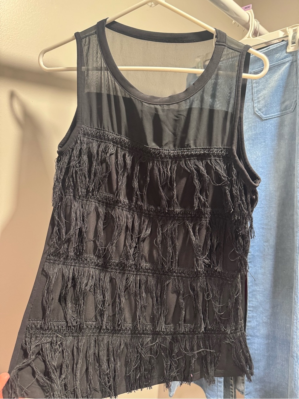 New York & Company Black Sleeveless Fringe Top
